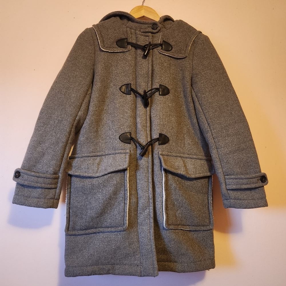 Zara Basic Grey Wool Blend Sherpa Lined Hooded Toggle Duffle Coat M Cozy Preppy